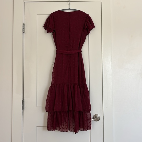 NWT Lulus Have Harmony Burgundy Swiss Dot Ruffled Faux Wrap Midi Dress - Picture 8 of 9